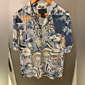 August Silk Men's Navy and Beige Patterned Shirt